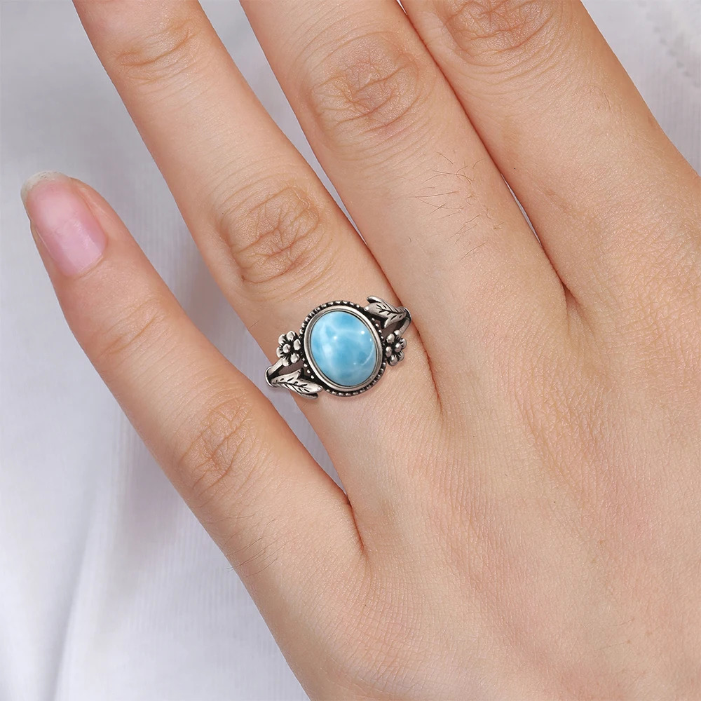 Silver 925 Vintage Rings Oval 8X10MM Larimar Natural Stone With Flower And Leaves Fine Jewelry For Women Men Gifts 250712