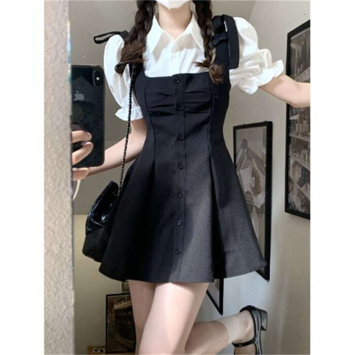 College Style Suit Petite Elegant Sleeve Shirt Black Strap Dress Two-Piece Set Waist-Cinching A-Line Short Skirt B5