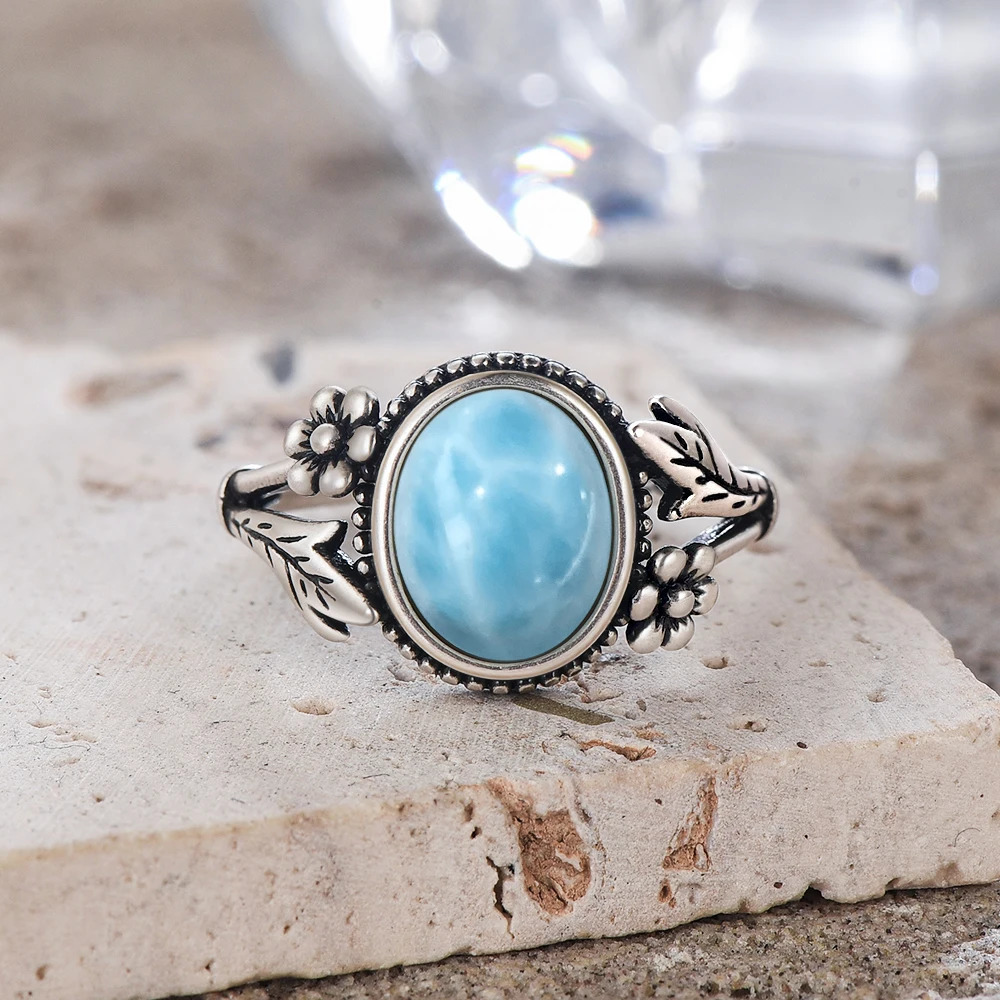 Silver 925 Vintage Rings Oval 8X10MM Larimar Natural Stone With Flower And Leaves Fine Jewelry For Women Men Gifts 250712