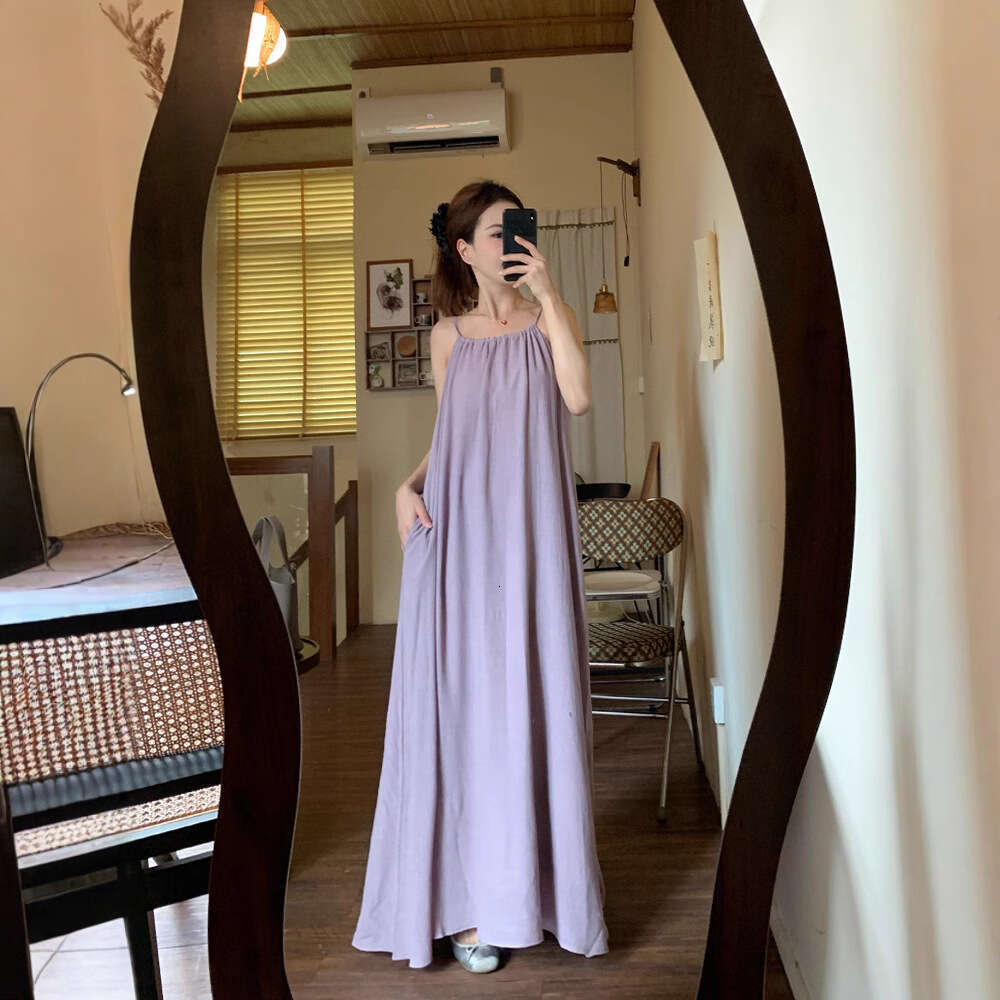 French Style Spaghetti Strap For Women Spring Summer New Elegant Loose Slimming Vacation Sleeveless A-Line Long Dress B5
