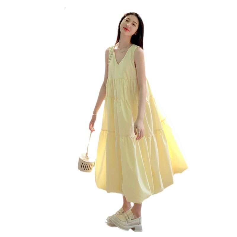 French Style High-End V-Neck Sleeveless Puff For Women, Summer Elegant Loose Fit, Tummy-Covering Slimming Long Dress B5