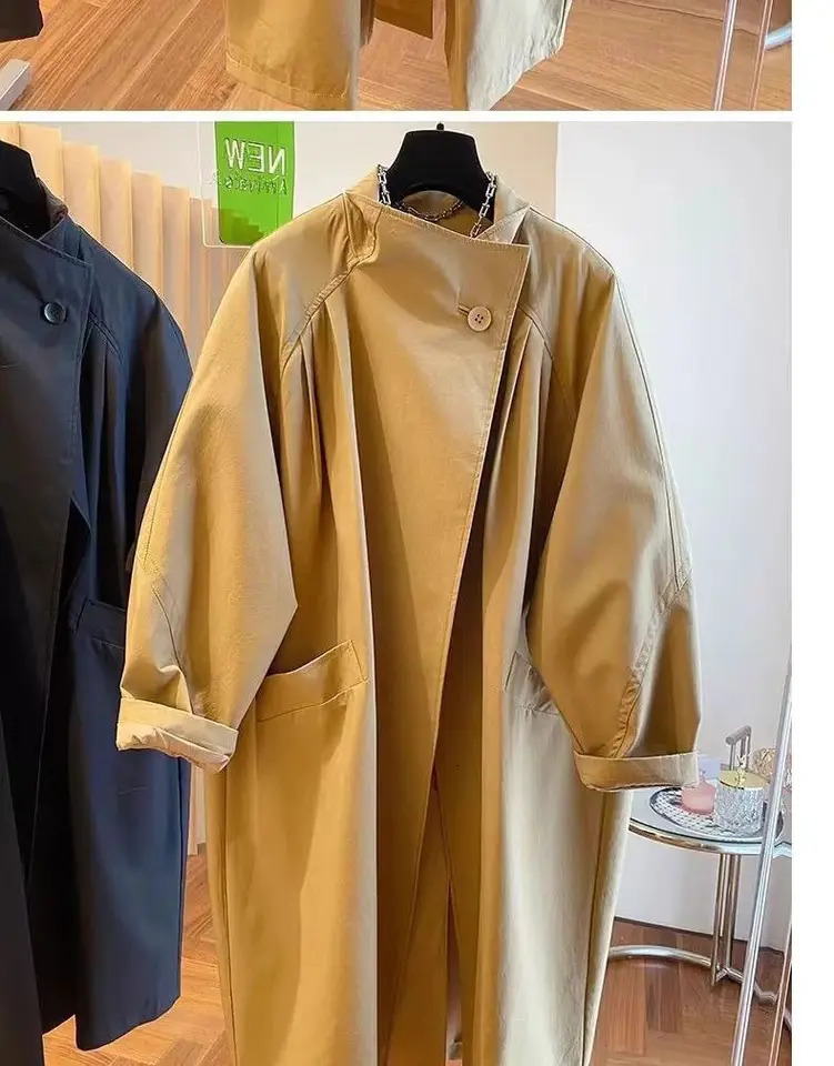 High End Stand Up Collar Outwear 2025 Spring Plus Size Womens Casual Loose Mid Long Windbreaker Lining Jacket Khaki Black Top 250708