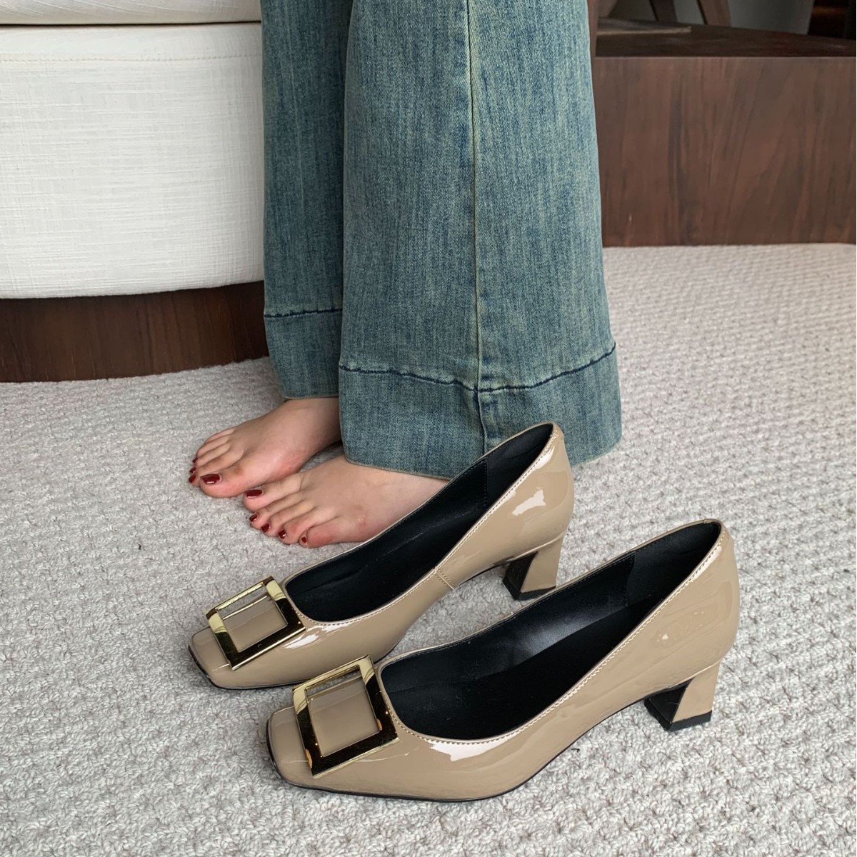 New Arrival Square Buckle Square-Toe Pumps - Genuine Leather Mid Heel Office Shoes for Women (Slate Grey/Classic Red/Jet Black, 4cm and 7cm)