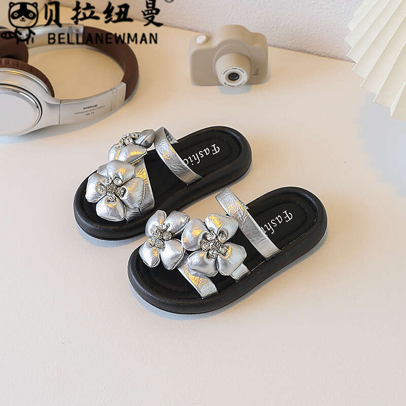 Choice Children's French Style Floral One-Strap Sandals 2025 Summer New Thick-Soled Rhinestone Slippers for Girls