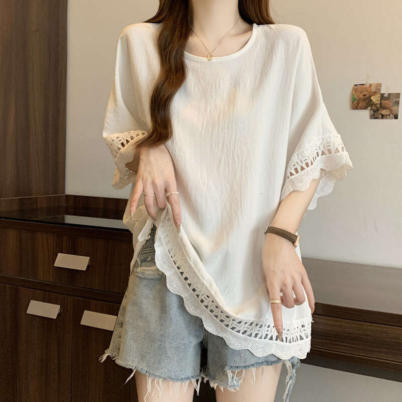 High-End Lace Hollow Short Sleeve T-Shirt Women Summer Plus Size Loose Stylish Top For Covering Belly B5