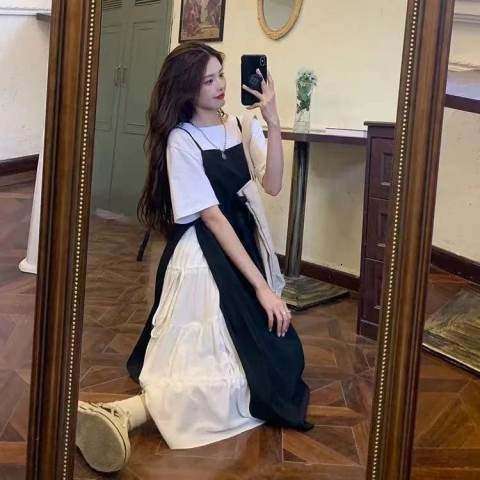 And White Patchwork Two-Piece Set For Women Gentle Streetwear Summer French Style Strap Little Black Dress B5