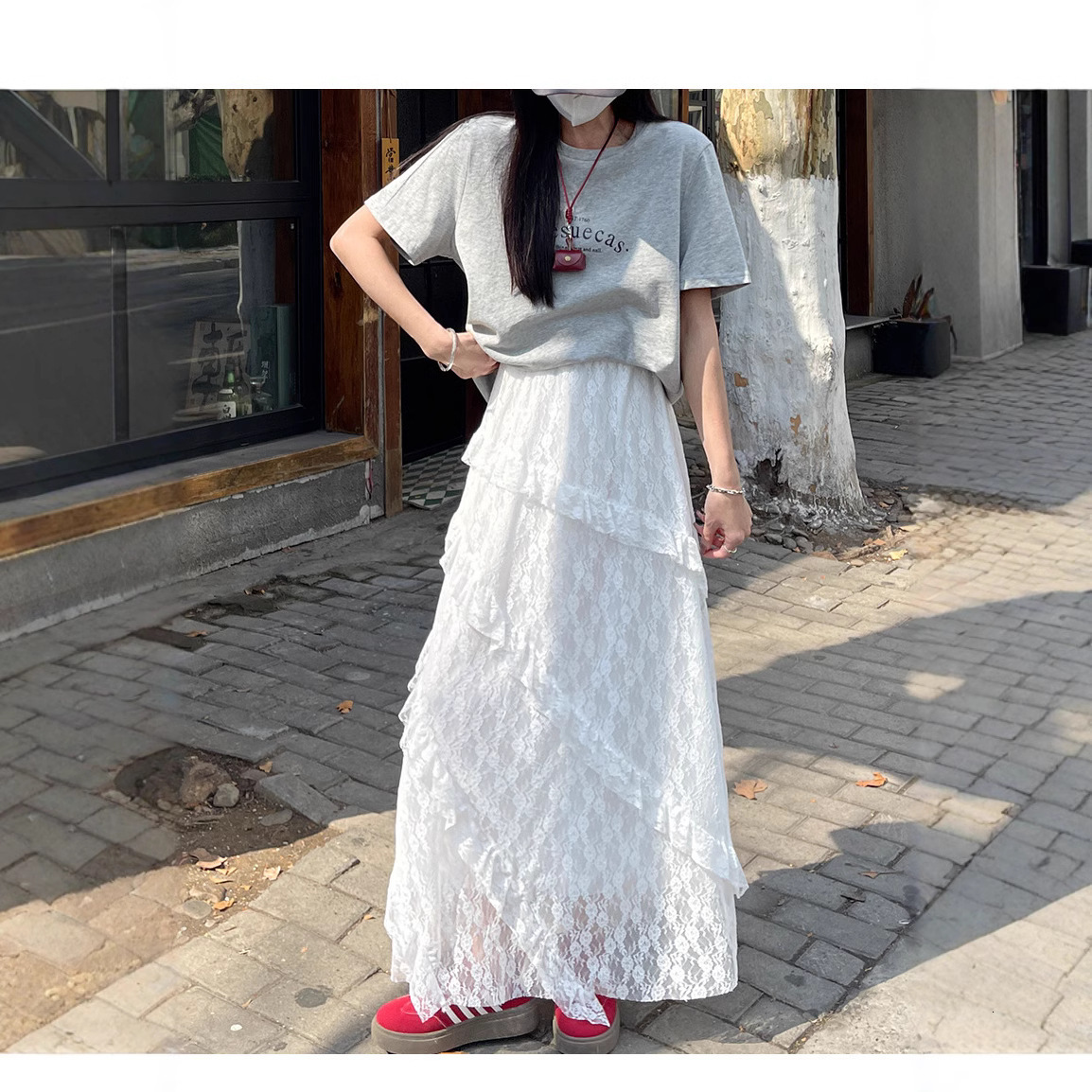 2025 New Women's Skirt Summer New Retro Twill High Waist White Lace A-line Skirt Women's Elastic Slimming Mesh Skirt New Designer Dress