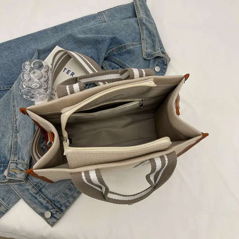 Linen Fabric Handbags For Women Quality Striped Large Capacity Shoulder Crossbody Latest Plain Color Shopping Totes Bag