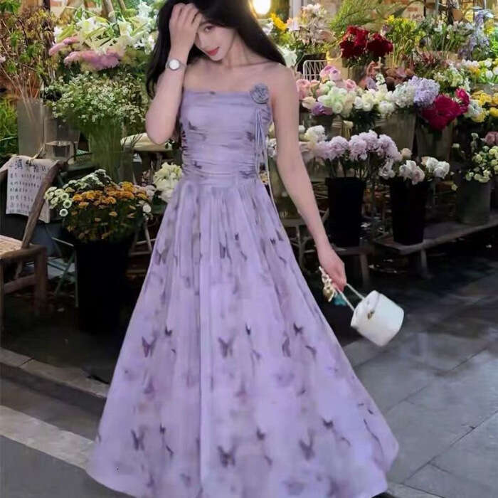 French Floral Butterfly Strap For Women Summer New Elegant Waist-Slimming Fairy Dress B5