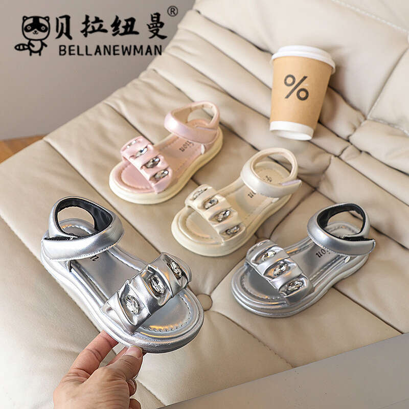 Girls Fashion Rhinestone Princess 2025 Summer New Children's Silver Sports Sandals Big Kids Beach Shoes Trendy