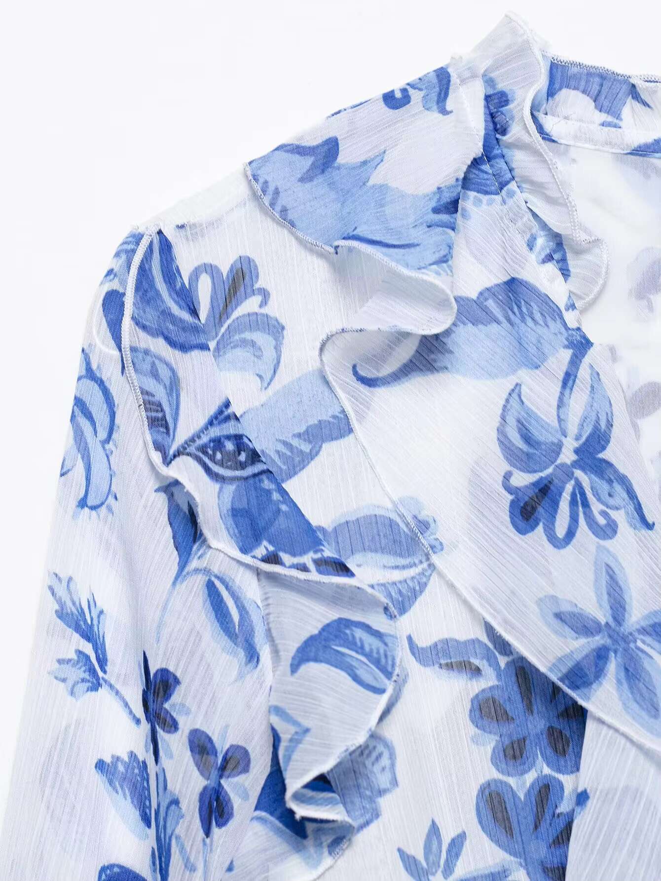 Zevity 2025 Women Bohemian Style Blue Floral Print Belt Sashes Casual Midi Dress Female Chic Cascading Ruffles Vestidos DS9027 dongdumaoyi