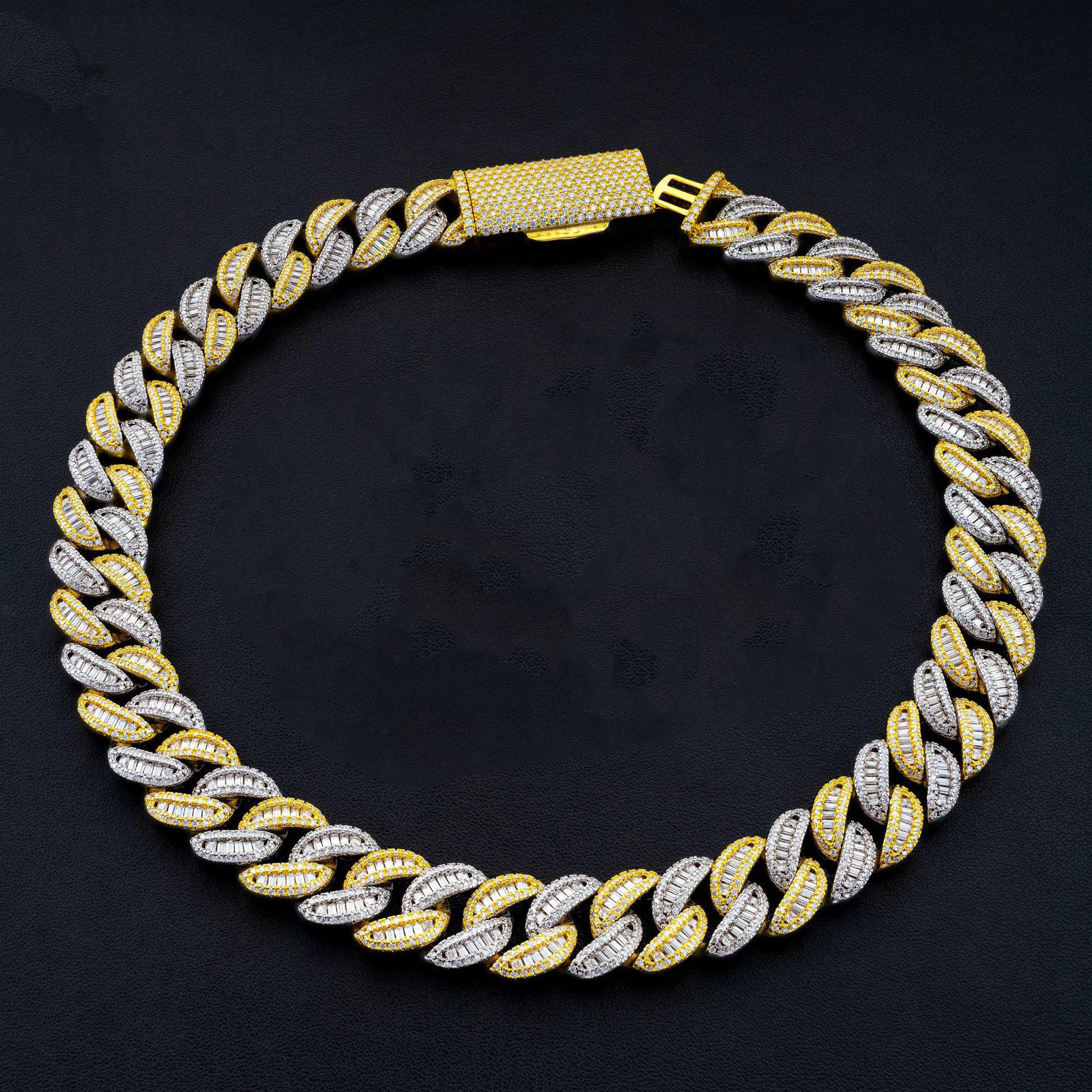 Hip Hop Jewelry Tone Two 15mm Baguette 925 Silver Iced Out Necklace Vvs Diamond Moissanite Cuban Bracelet