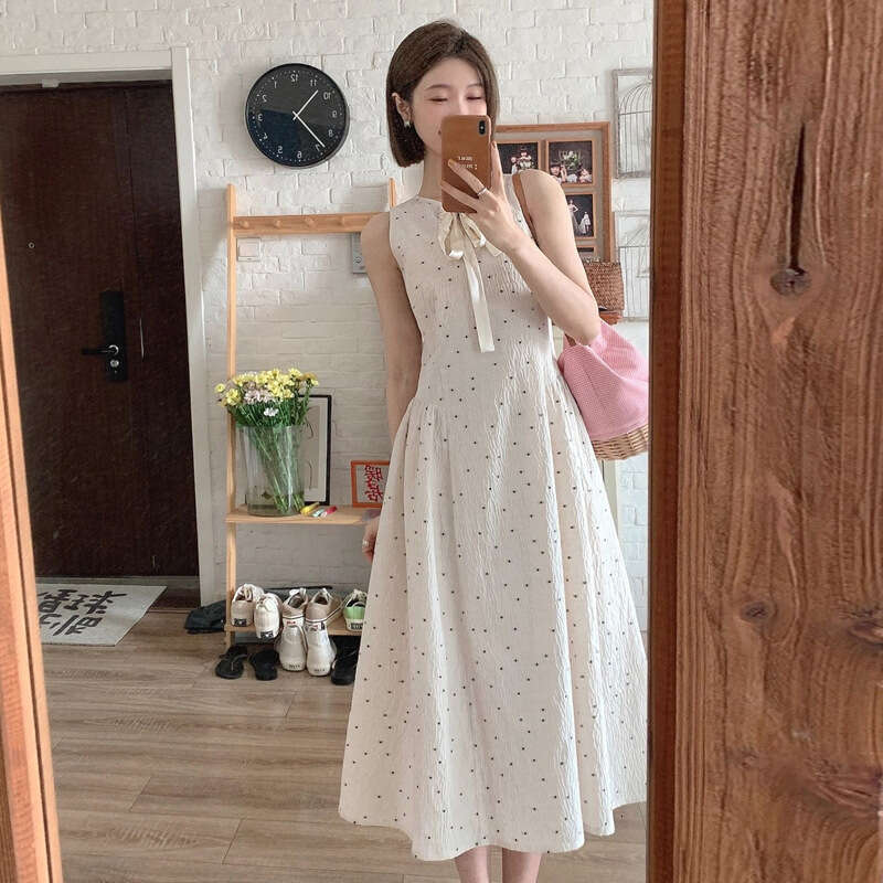 Summer Tea Break French Style First Love Design Sense Beige Polka Dot For Women High-End Gentle Sweet Long Dress B5