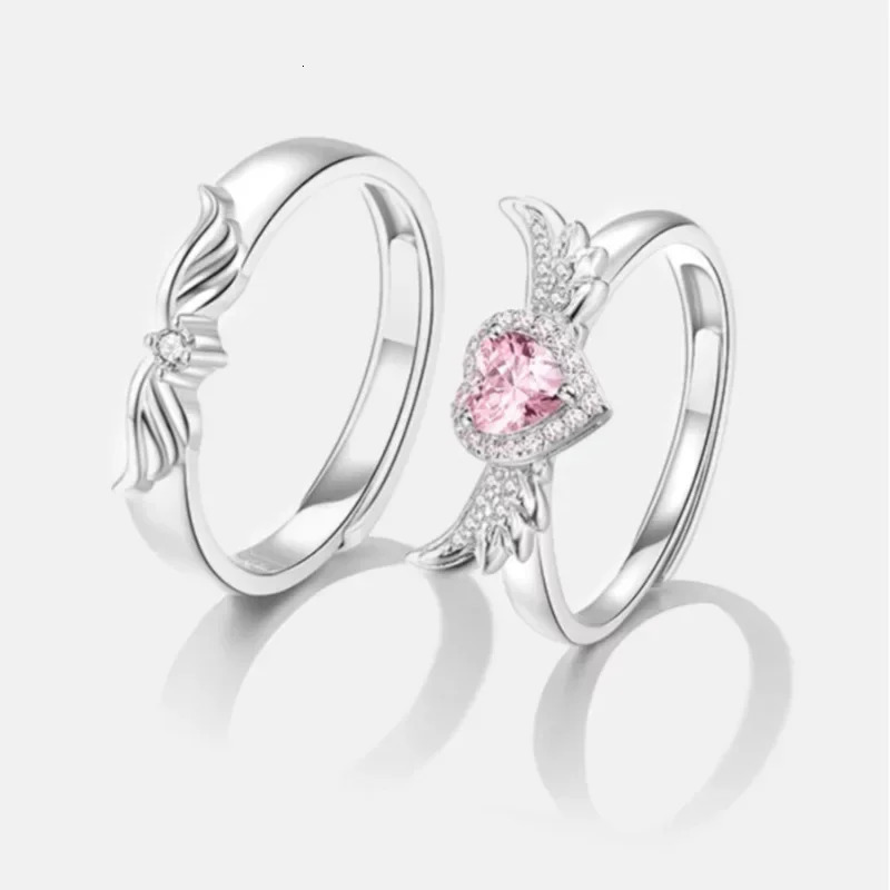 Chic Angel Wing Ring for Couple Pink Heart Cubic Zirconia Rings Romantic Forever Love Finger Jewelry Valentine Day Gift 250704