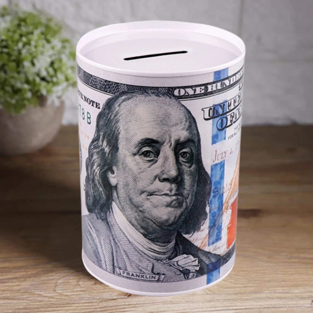 Dollar Moneys Box Piggy Bank Logbook Series Tin Plate Box Safe Cylinder Piggy Bank Banks Gift Home Decoration Moneys Box Savings 250709