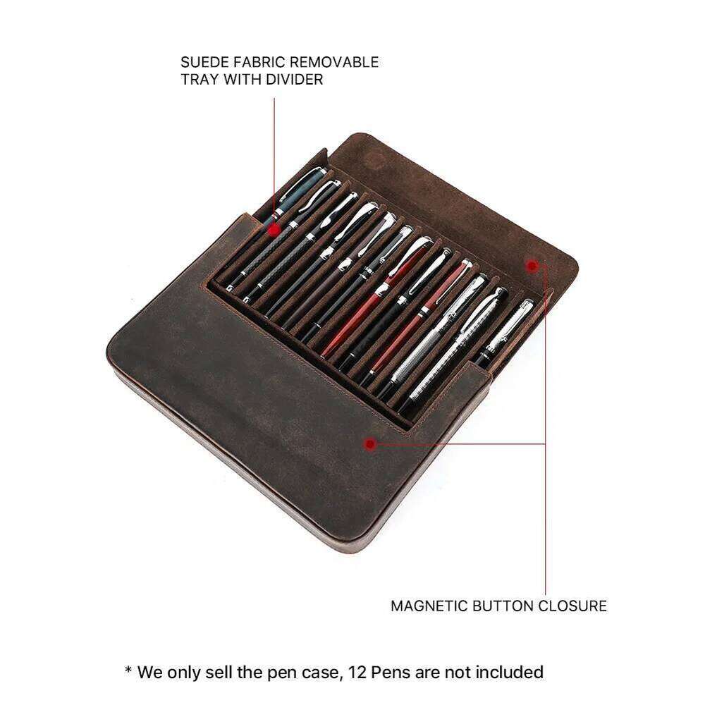 Genuine Leather 12 Slots Fountain Case Box Office School Stationery Storage Pouch Holder with Removable Pen Tray