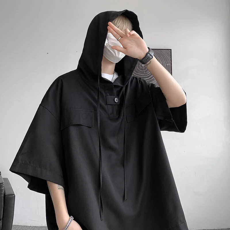 5 Colors Summer Hooded T-shirt Men Korean Half Sleeve Pullover Streetwear Loose T-shirt Tops Drawstring Men Clothing T250714