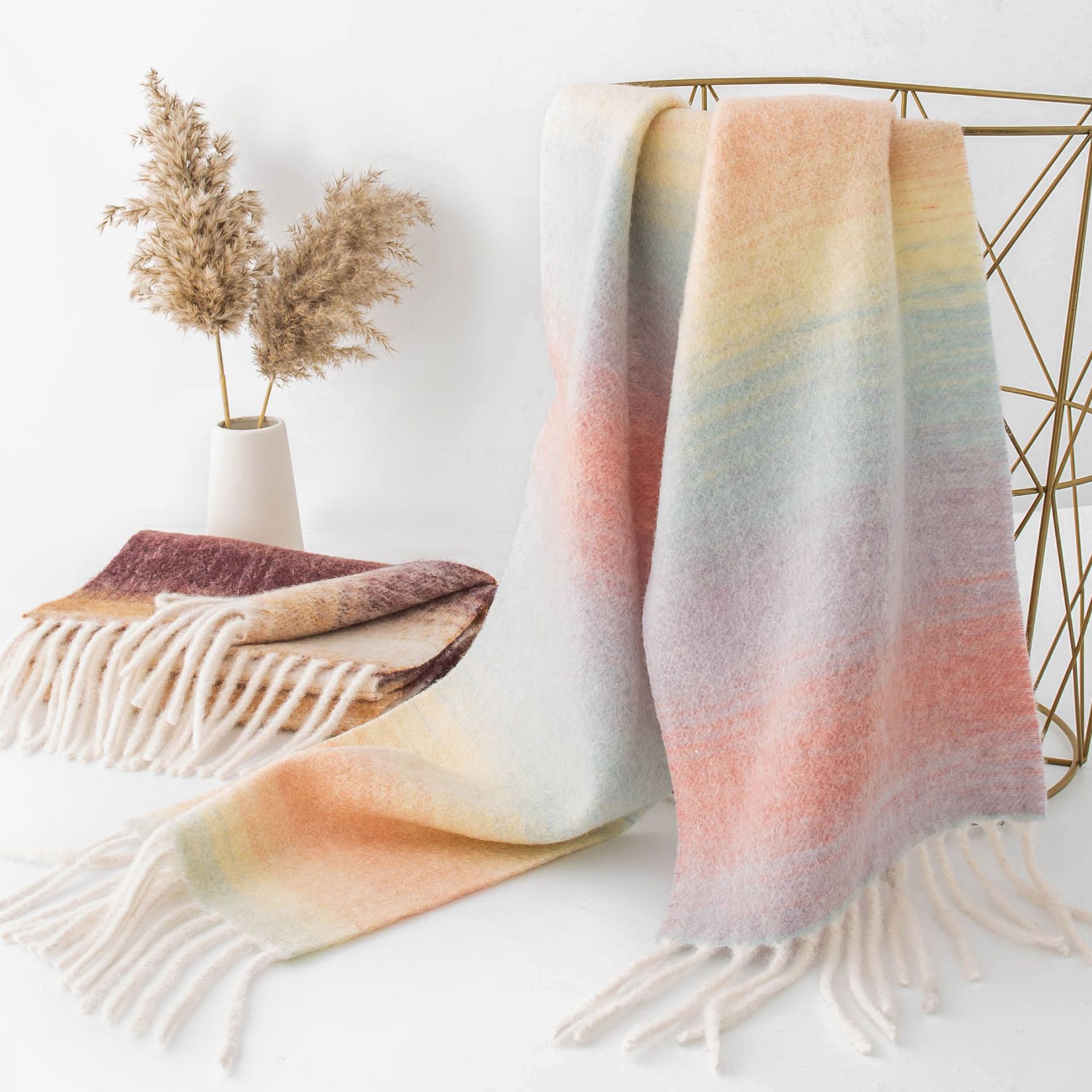 K1345 Autumn scarf sheep wool high-grade sense men and women all-match thickened autumn and winter plaid splicing gradient scarf New Year style