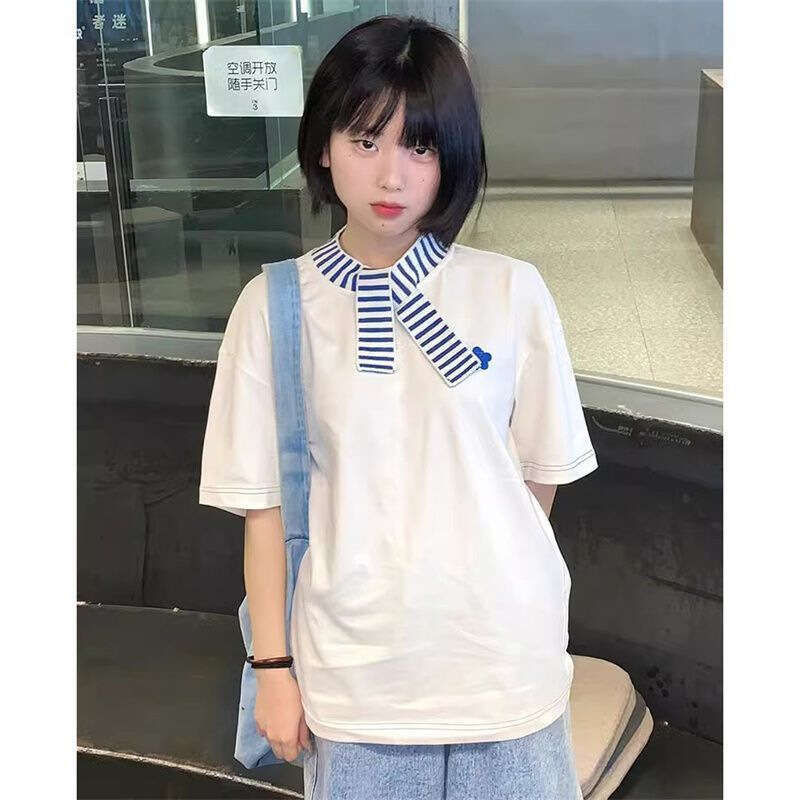 Pure Cotton Korean White Short Sleeve T-Shirt For Women Summer New Design Loose Casual Petite Top College Style B5