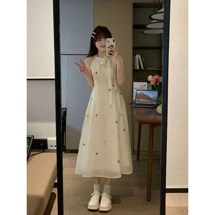French Style Gentle First Love Halter Neck Strap For Women Summer New Full Set Waist Slimming Long Dress B5