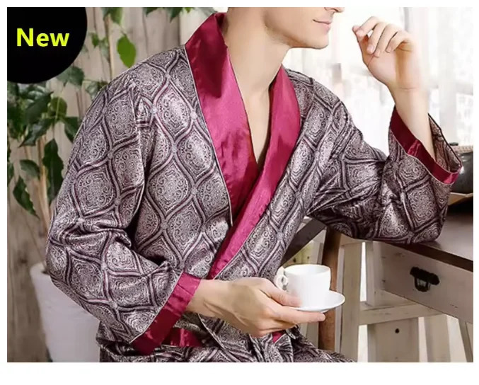 Mens Pajamas Robes Silk Kimono Robe Long Sleeve Bathrobe Satin Nightgown Male Summer Home Clothing Oversize 5XL 250710