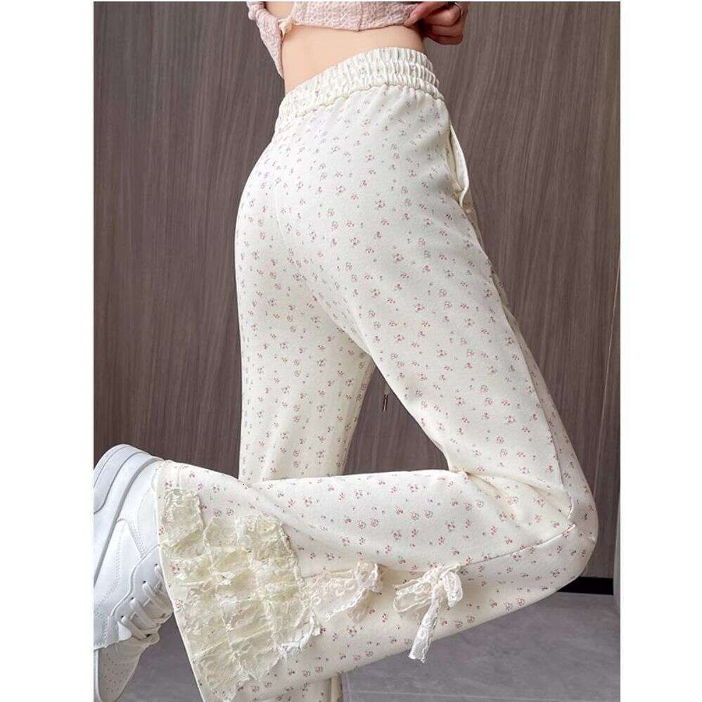 Summer New Lace Floral Flared Women Versatile Slimming Casual Bell Bottom Bowknot Wide Leg Long Pants B5