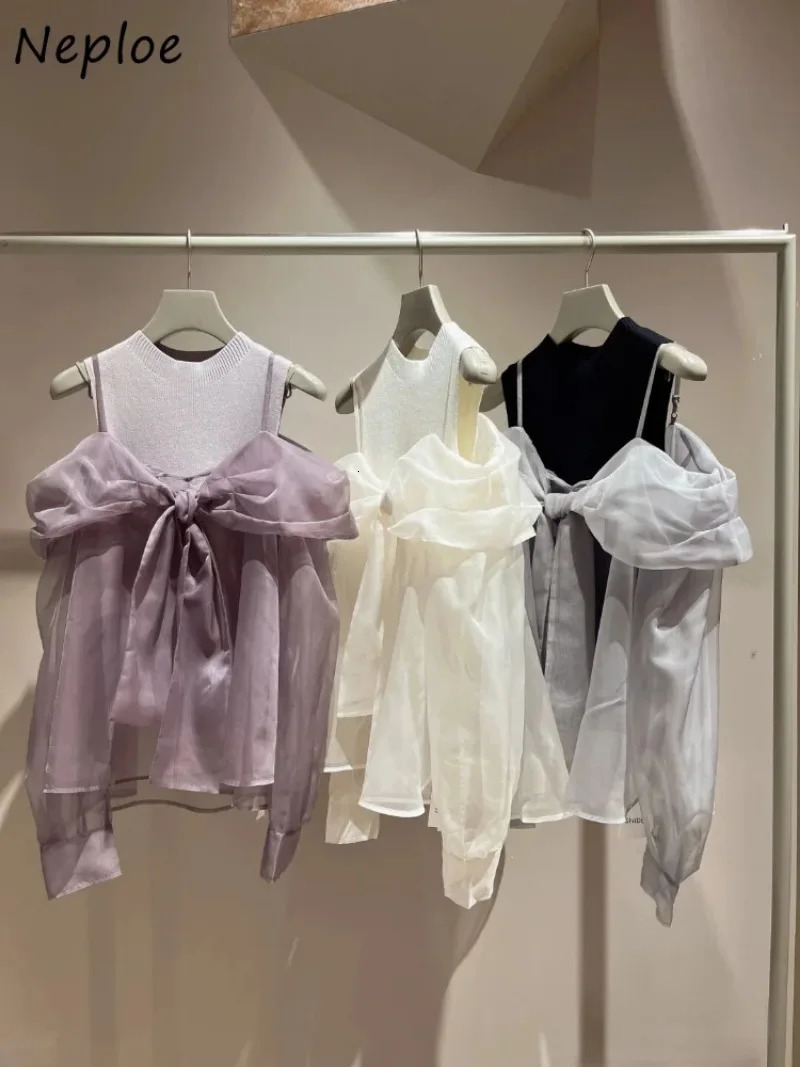 Neploe Sweet Voile Bow Patchwork Sets Slingo Neck Knit Off Shoulder Vest Jumper Japan Moda Elegant Suits Ruched Pullovers 250708