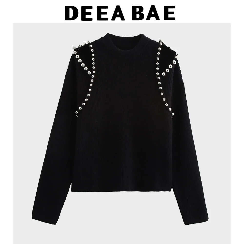 DEEABAE Korean Style Womens Clothing Heavy Black Pearl Off-shoulder Top Short Style Small Knitwea Pullovers 250708