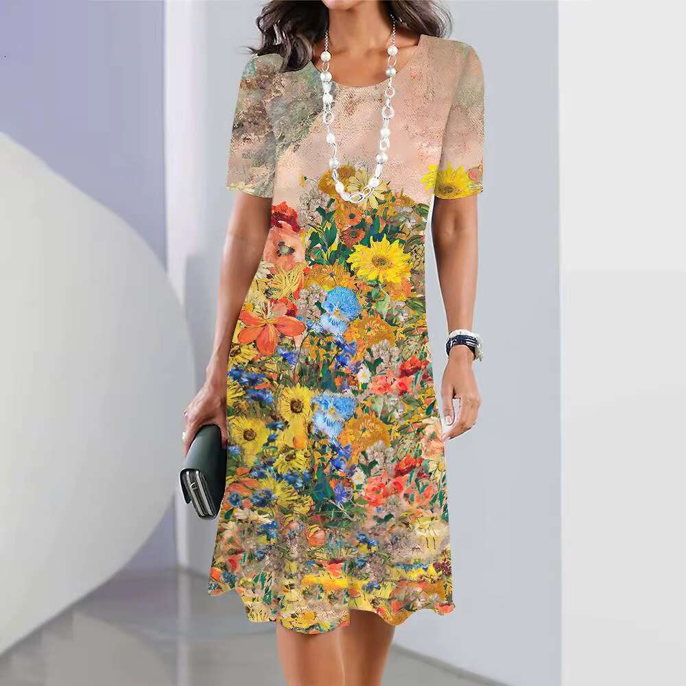 2024 New Spring Floral Printed Elegant Casual Short Sleeve Fashion Oversized Womens Dresses dongdumaoyi