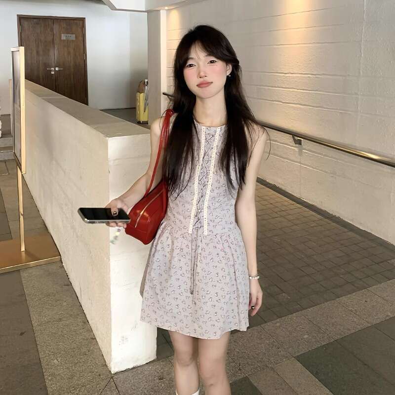 French Floral Sleeveless Vest For Women New Summer Waist-Cinching Slimming Beach Vacation Elegant Short Dress B5