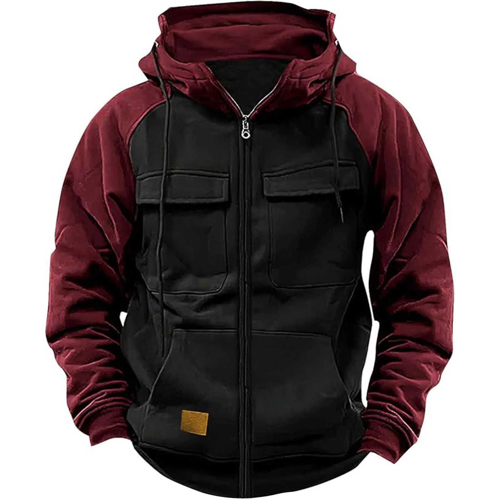 Autumn Winter Hoodies Men Zipper Patchwork Warm Fleece Sweatshirts Multi Pockets Mens Fashion Hooded Jacket Thick Outdoor Hoodie XJ250714