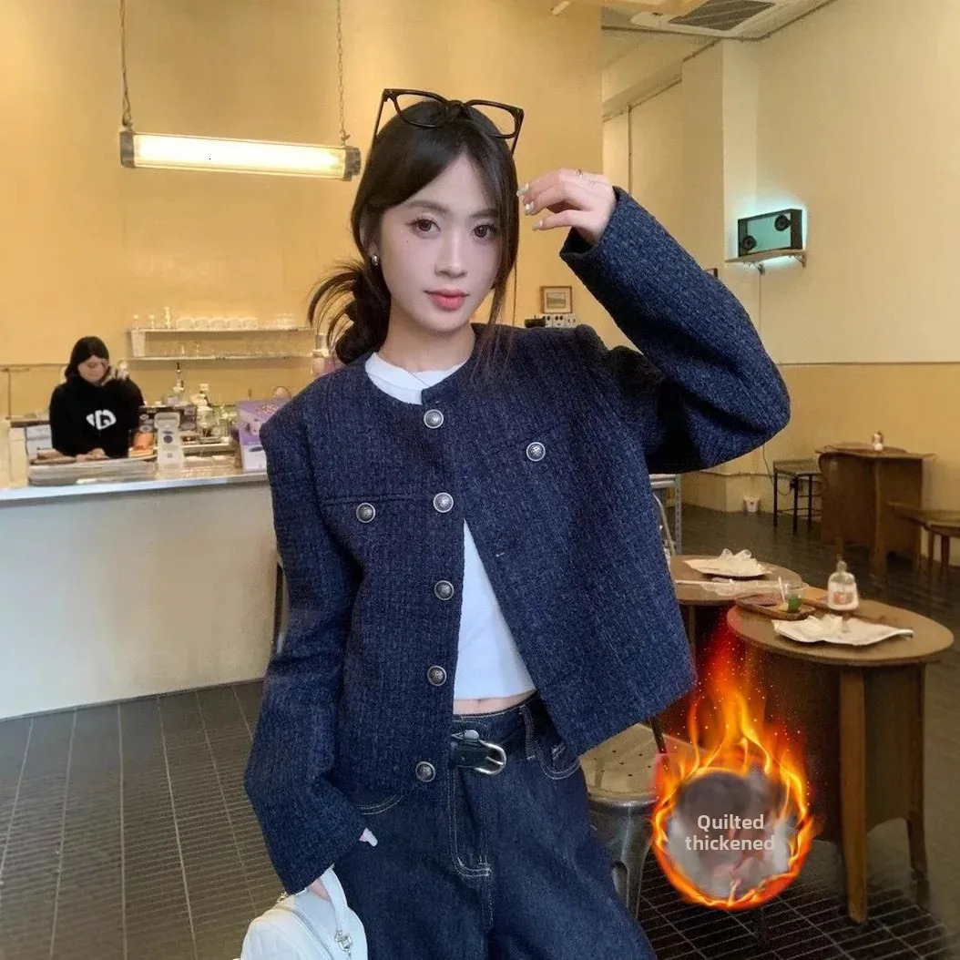 Elegant Vintage Tweed Cropped Jacket Womens Autumn/Winter High-End Slimming Long Sleeve Top Trendy Crew Neck Socialite Style 250708