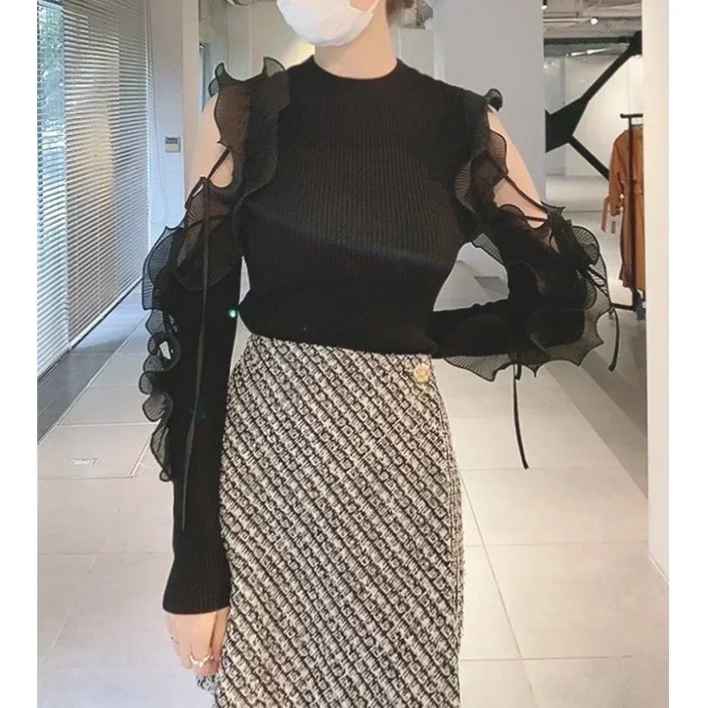 Kuzuwata Sweet Fairy Ruffled Lace Up Off Shoulder Pull Femme Slim Knit Patchwork Sweaters 205 JAPAN Autumn Winer Jumpers 250708