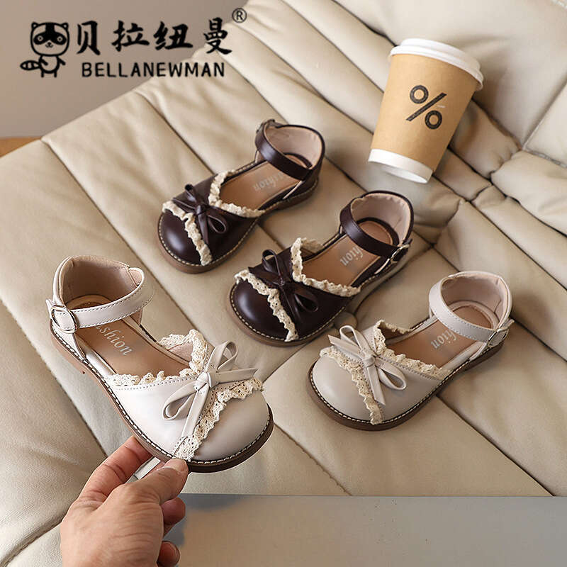 Girls' Bowknot Lace Princess 2025 Spring Summer New Korean Style Children's Closed-toe Sandals Student Soft Sole Single Shoes