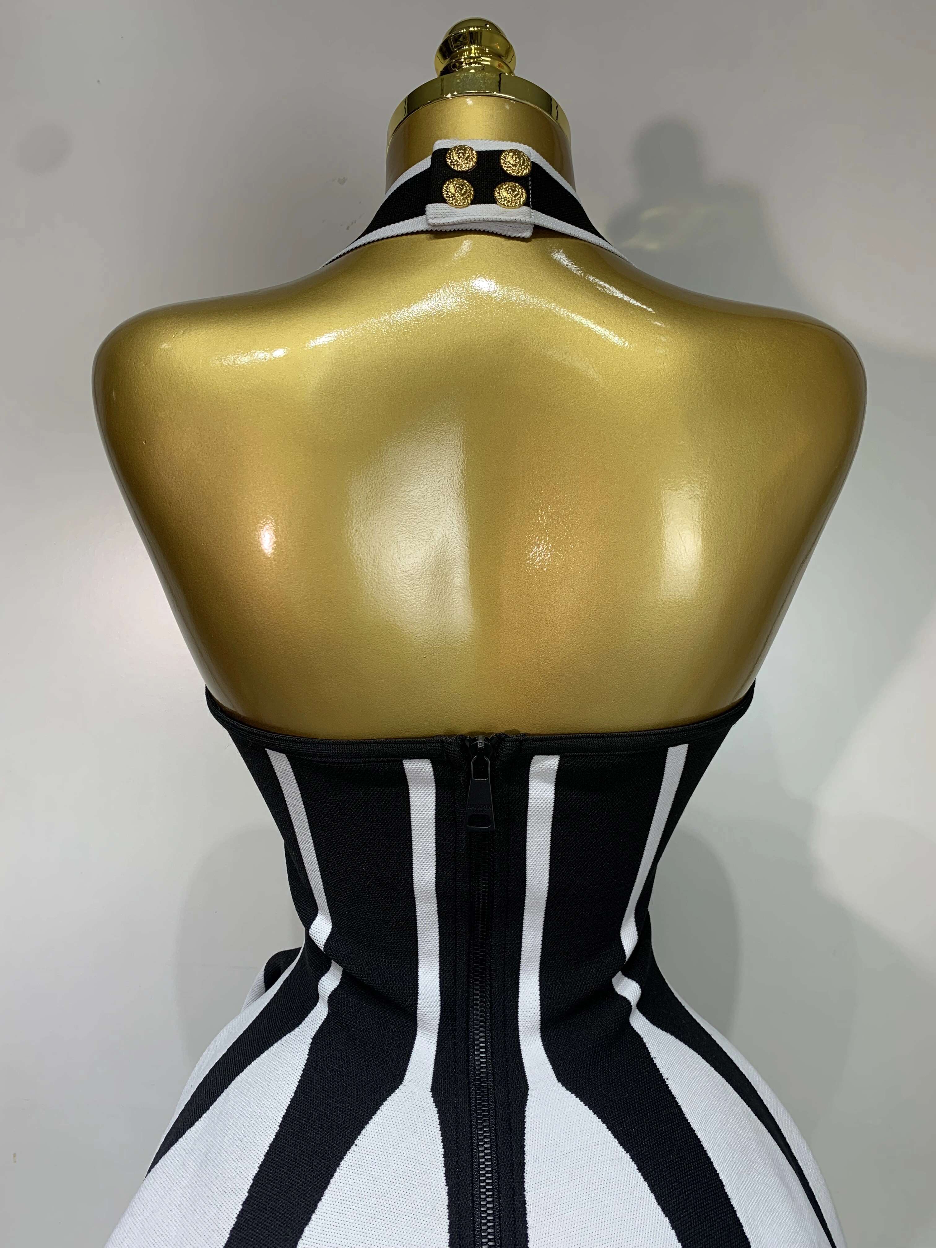 Women Sexy Backless Black White Stripes Halter Bandage A Line Short Celebrity Elegant Evening Party Holiday Club Dress dongdumaoyi