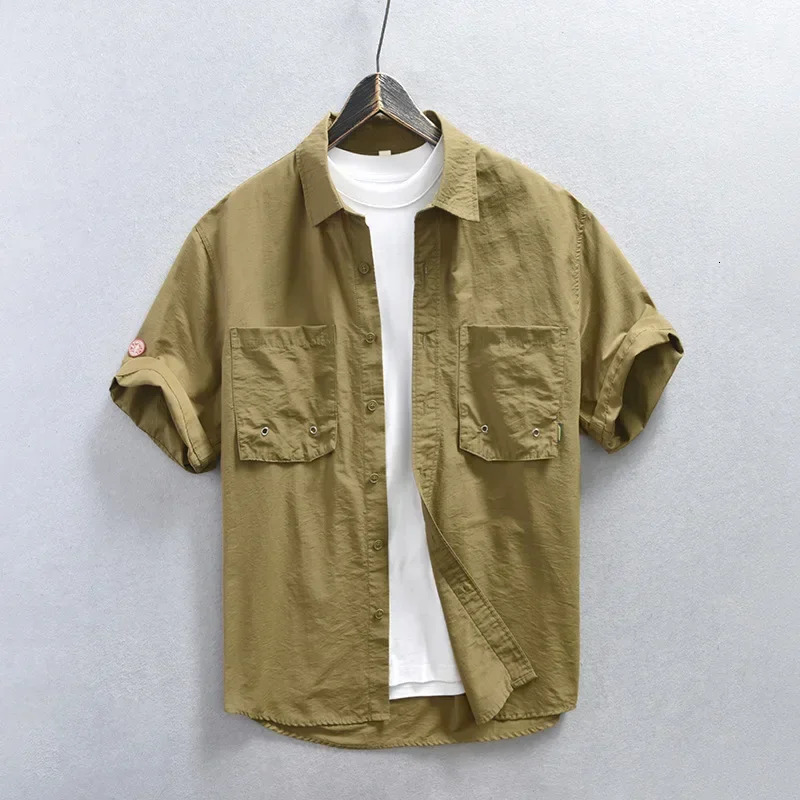 Japanese Style Cargo Shirt Men Summer Short Sleeve Casual Shirts Lapel Double Pockets Youth Streetwear Fashion Loose 250704