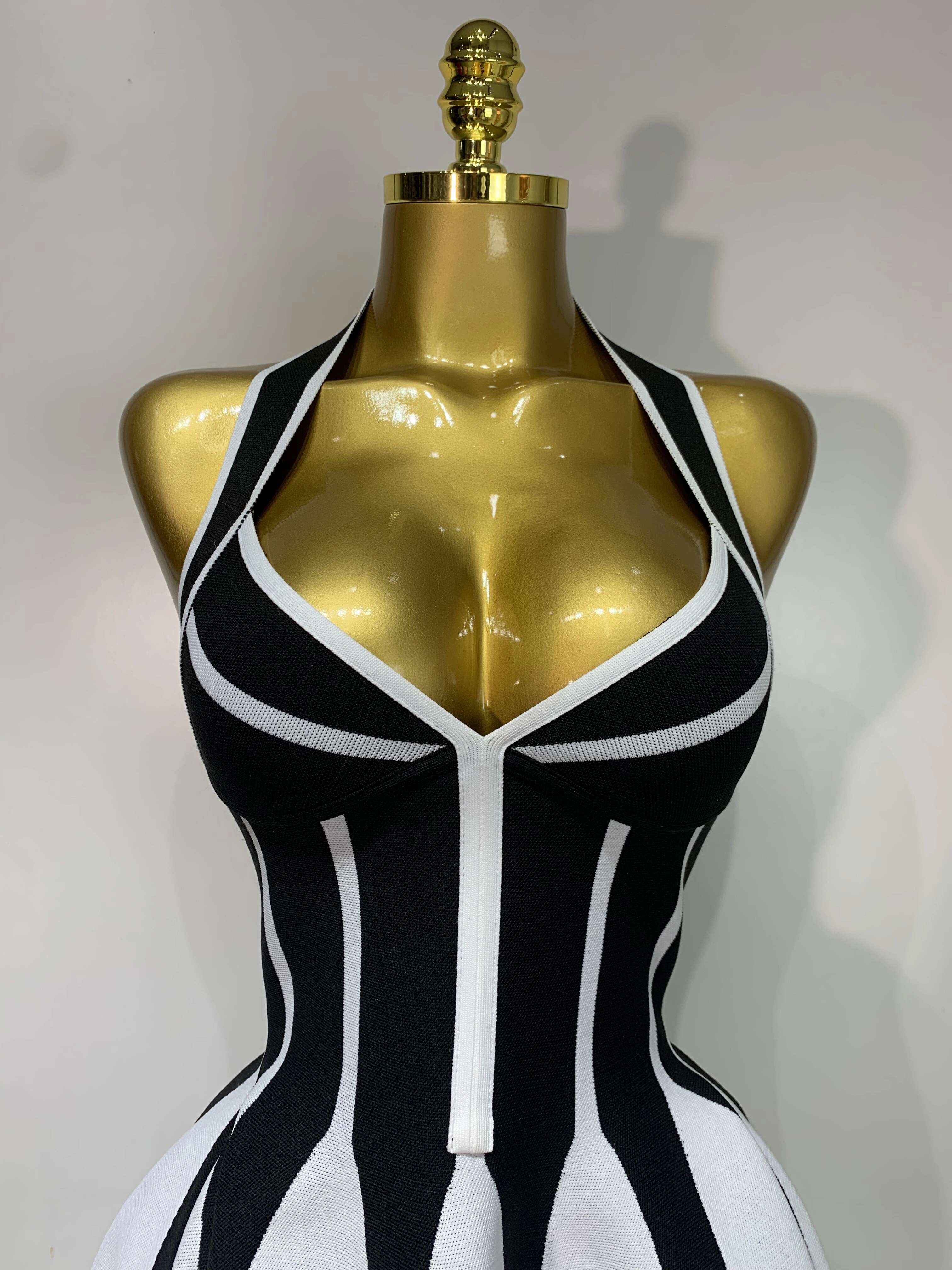 Women Sexy Backless Black White Stripes Halter Bandage A Line Short Celebrity Elegant Evening Party Holiday Club Dress dongdumaoyi
