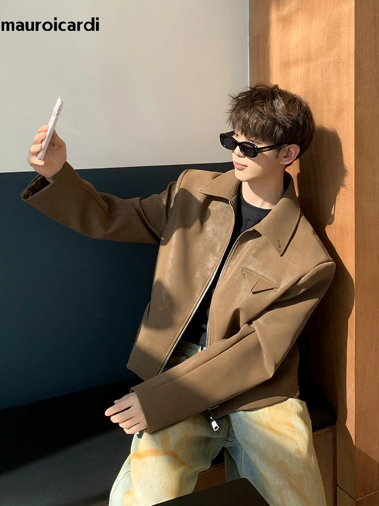 Mauroicardi Spring Autumn Cool Short Brown Soft Black Pu Leather Jacket Men Turn-down Collar Loose Casual Korean Clothes 250708