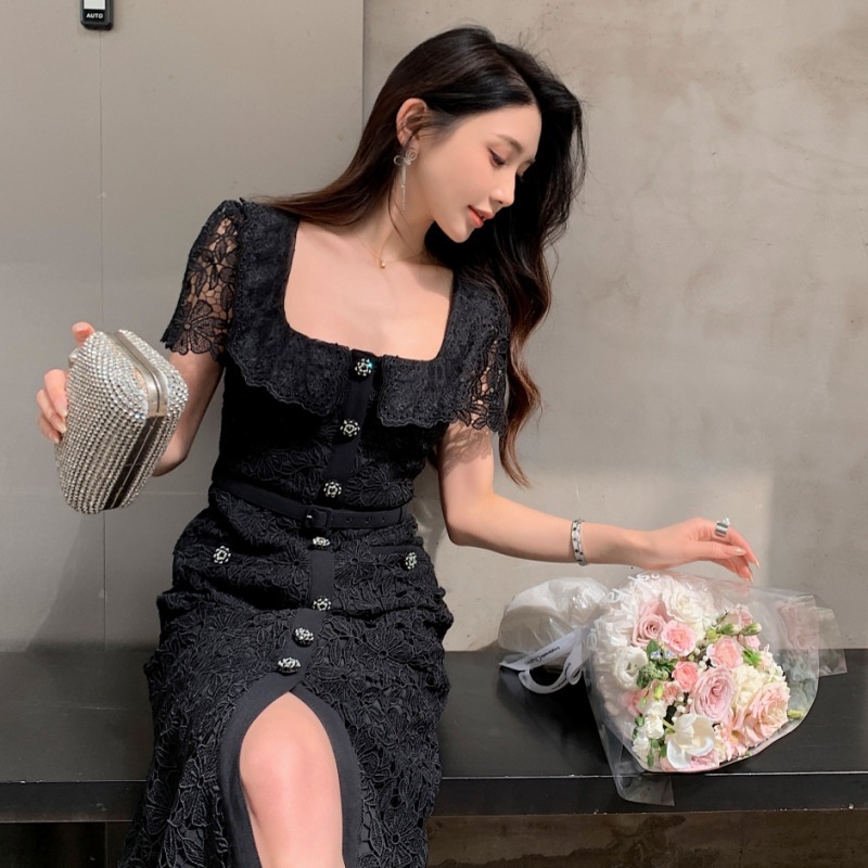 2025 New Women's Dress Summer New Women's Fashion Sexy Collar Heavy Lace Dress High Waist Slimming Short Sleeve Long Dress Blue Black New De