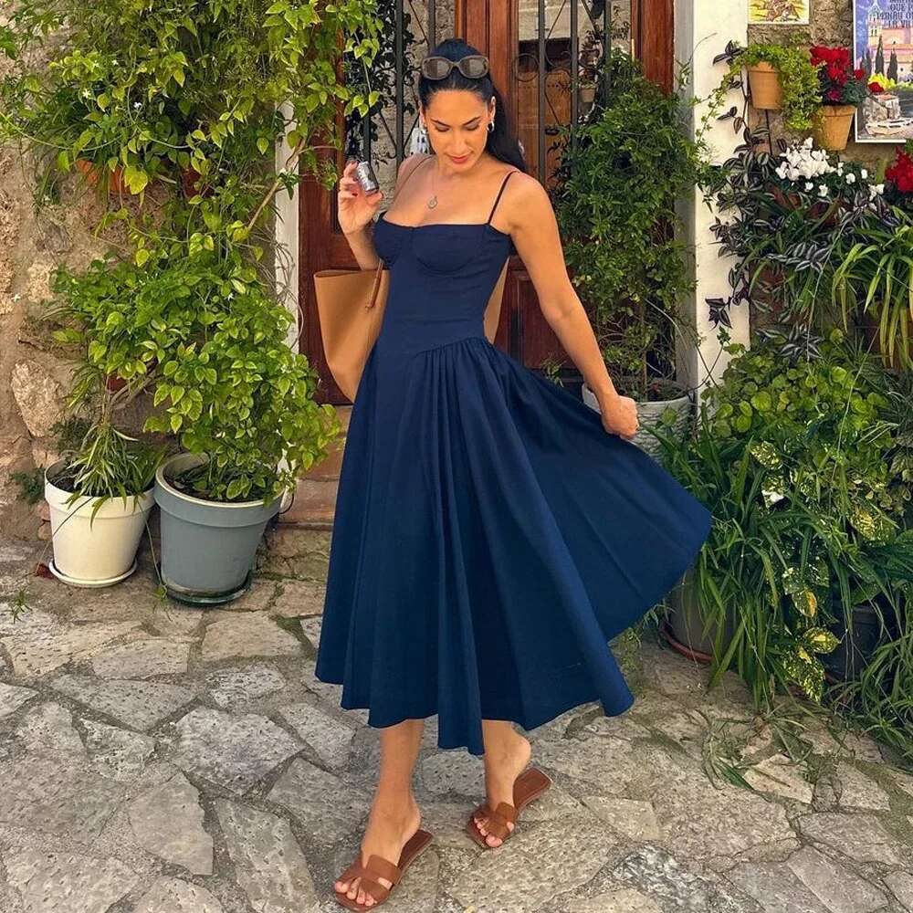Suninheart Summer Elegant Midi Spaghetti Strap Dresses Slim V Neck A Line Party Khaki Casual Dress Women's Clothing