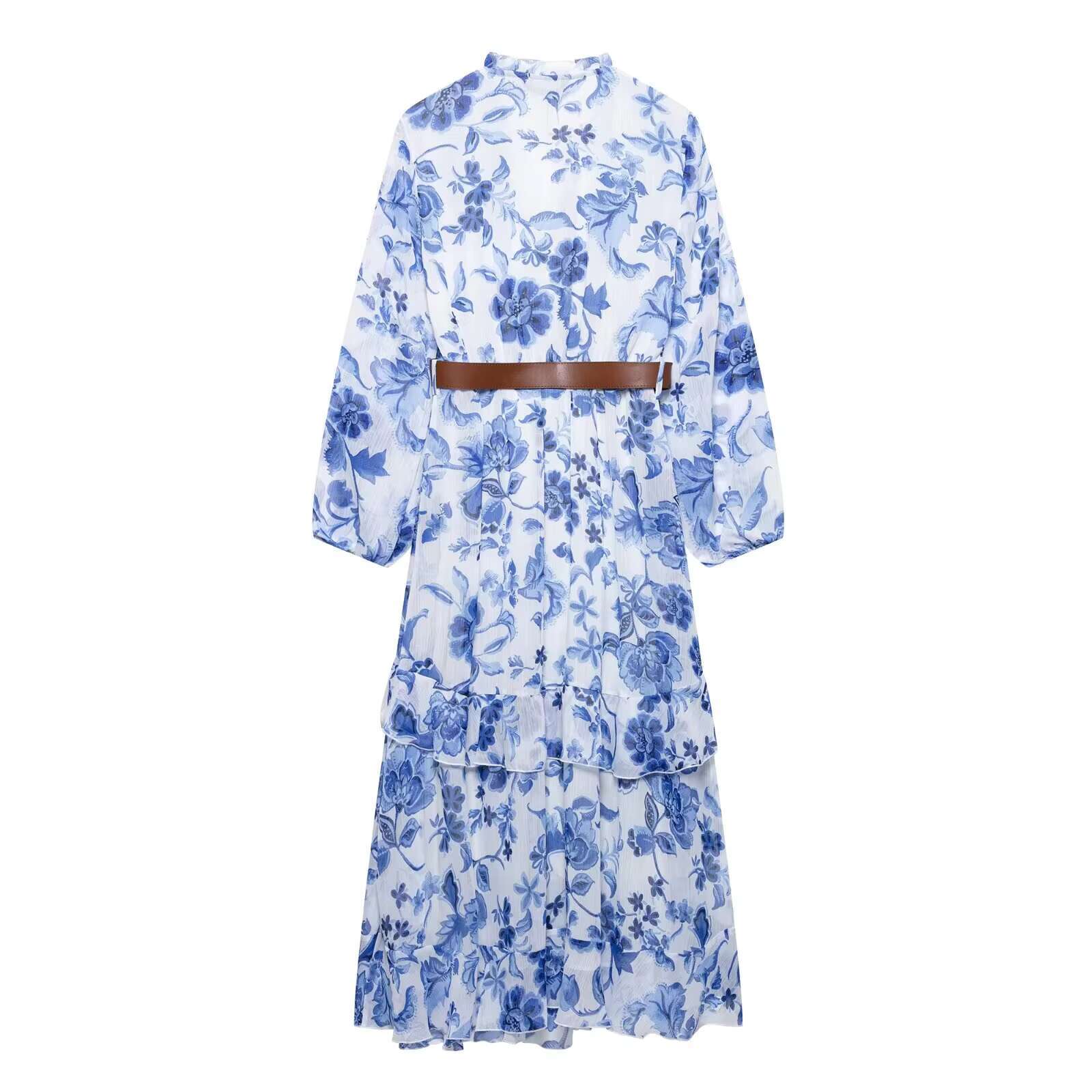 Zevity 2025 Women Bohemian Style Blue Floral Print Belt Sashes Casual Midi Dress Female Chic Cascading Ruffles Vestidos DS9027 dongdumaoyi