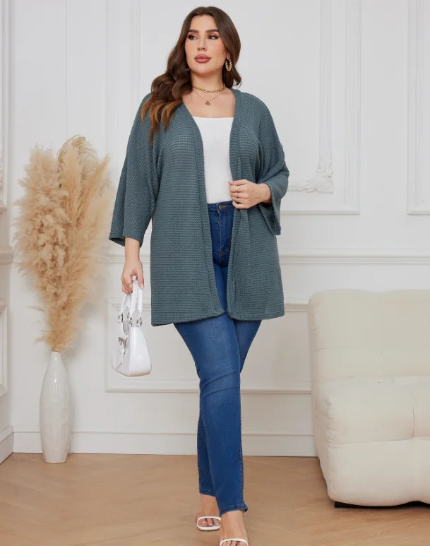Oversized casual cardigan womens plus size waffle knit cardigan with three-quarter length sleeves 250710