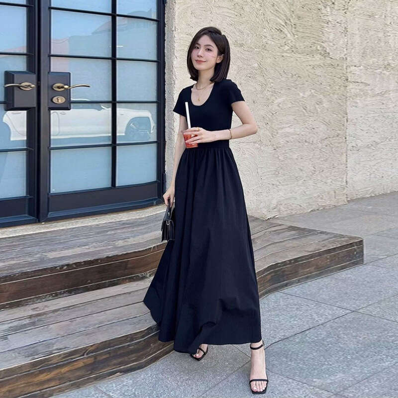 Hepburn Style Black Short Sleeve Summer New French High-End Waist-Cinching Slimming Over-Knee Long Dress B5