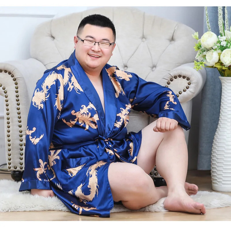 Men Silky Satin Kimono Robe 2PC 7XL Long Sleeve Shorts Set Soft Dragon Dressing Gown Bathrobe Sleeprobe Male Lounge Home Wear 250710