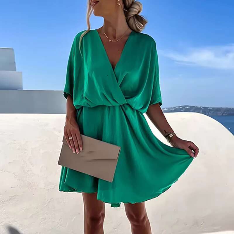 Sexy V Neck Dresses For Elegant Short Sleeve Solid A-line Loose Mini Women Casual Beach Party Dress Boho 2022 dongdumaoyi