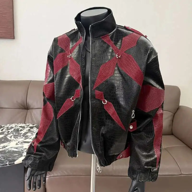 PFHQ Mens PU Leather Jacket Zipper Stand Collar Contrast Color Korea Fashion Darkwear Male Tops Casual 21E2807 250708