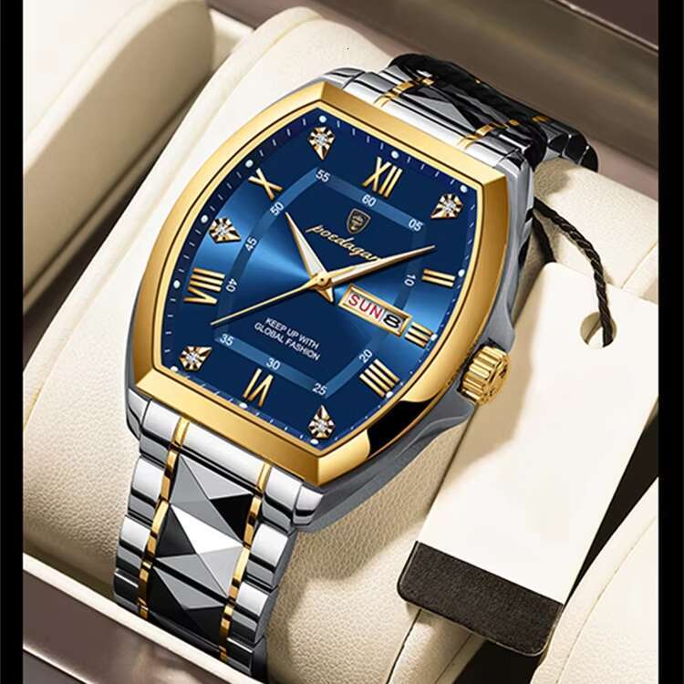 DHwatches Men's Tonneau Watch - Waterproof 50M Luminous Quartz Wristwatch with Day & Date, Stainless Steel (Model 958)