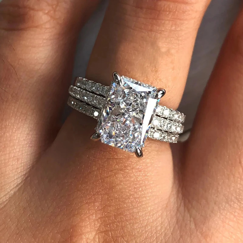 Huitan 3Pcs Set Rings y Geometric Rectangular Cubic Zirconia Women for Engagement Wedding Party Trendy Jewelry 250712