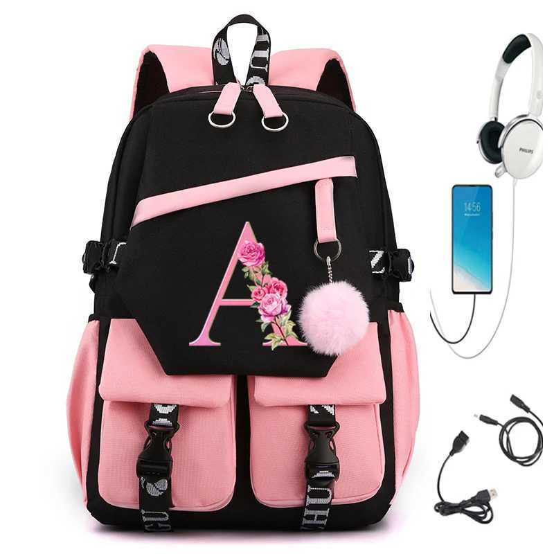 26 Initials Flower School Bags for Teenage Girls Pink Flower Alphabet Cute Gift Students Bookbag Letters A B C D Travel Bagpack S250714