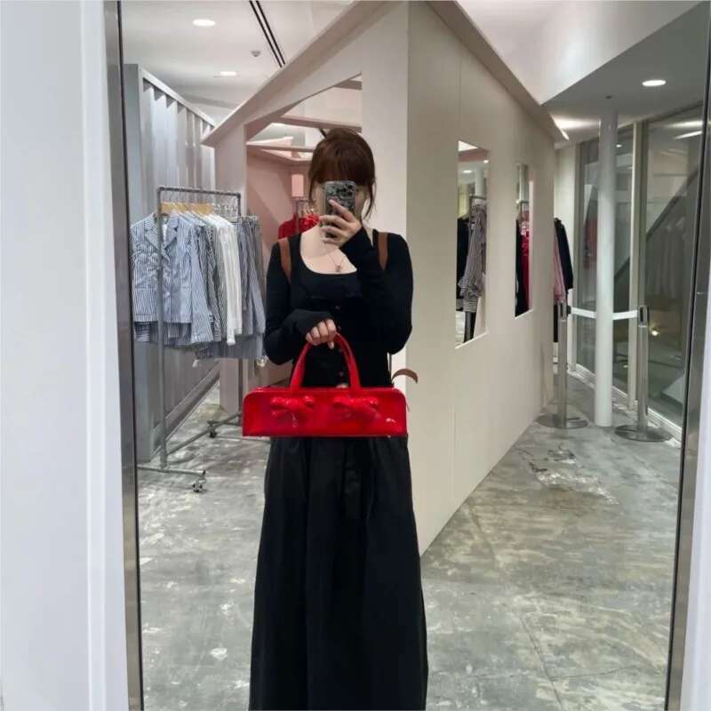 Retro Bow Red Y2k Hand Purse Women Hot Girls Leather Zipper Shoulder Bags Ladies Fairy Core Aesthetic Underarm Bag